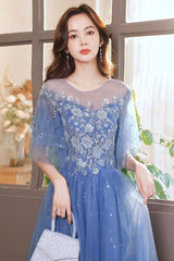 Blue Prom Dress A Line Tulle Sequin Long Formal Evening Dress