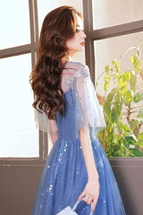 Blue Prom Dress A Line Tulle Sequin Long Formal Evening Dress