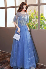 Blue Prom Dress A Line Tulle Sequin Long Formal Evening Dress