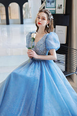 Blue Prom Dress A Line V Neck Sequin Tulle Long Formal Evening Dress