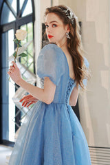 Blue Prom Dress A Line V Neck Sequin Tulle Long Formal Evening Dress