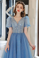 Blue Prom Dress A Line V Neck Sequin Tulle Long Formal Evening Dress