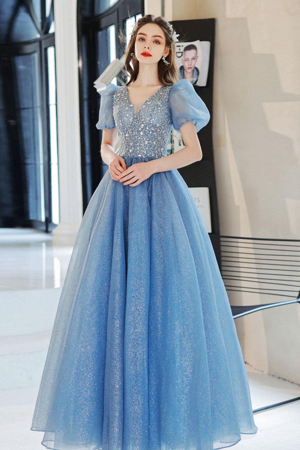 Blue Prom Dress A Line V Neck Sequin Tulle Long Formal Evening Dress