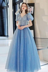Blue Prom Dress A Line V Neck Sequin Tulle Long Formal Evening Dress