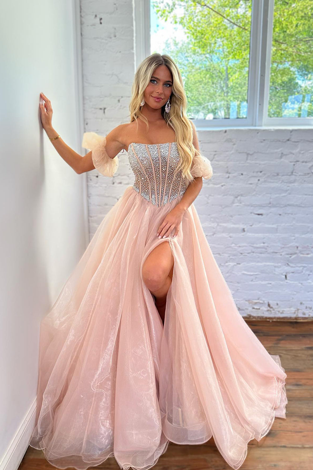 Blue Prom Dress Beaded Detachable Short Sleeves A Line Long Evening Dress with Slit