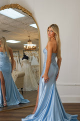 Blue Prom Dress Corset Strapless Long Evening Dress with Lace