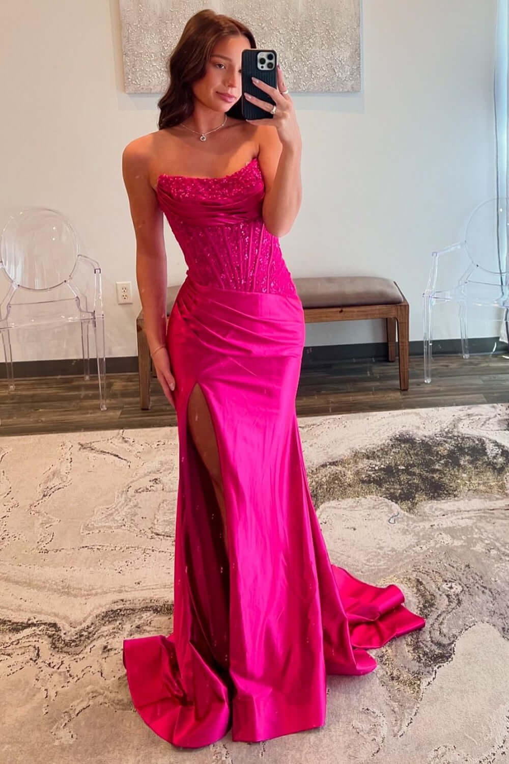 Blue Prom Dress Corset Strapless Long Evening Dress with Lace