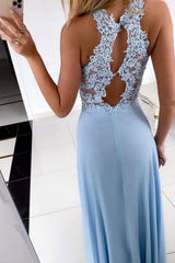 Blue Prom Dress Crew Neck Chiffon Lace Long Formal Gown Evening Dress