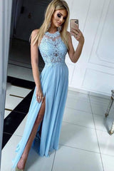 Blue Prom Dress Crew Neck Chiffon Lace Long Formal Gown Evening Dress