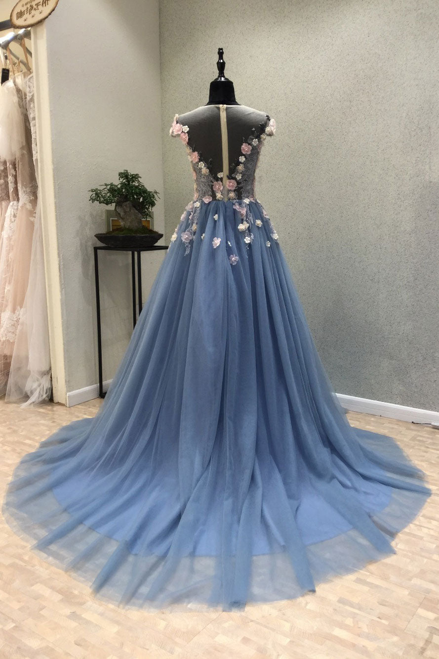 Blue Prom Dress Crew Neck Tulle Lace Appliques Long Formal Evening Dress