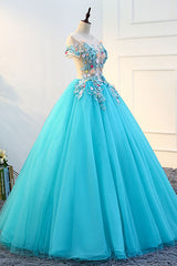 Blue Prom Dress Crew Neck Tulle Lace Appliques e Long Formal Gown Evening Dress