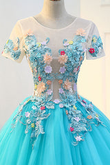 Blue Prom Dress Crew Neck Tulle Lace Appliques e Long Formal Gown Evening Dress