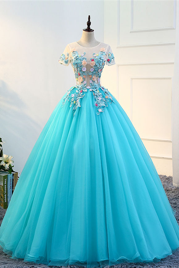 Blue Prom Dress Crew Neck Tulle Lace Appliques e Long Formal Gown Evening Dress