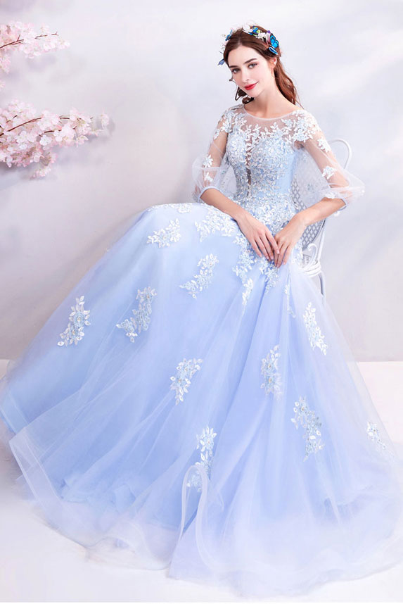Blue Prom Dress Crew Neck Tulle Lace Long Formal Evening Dress