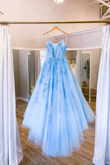 Blue Prom Dress Crew Neck Tulle Lace Long Formal Evening Dress