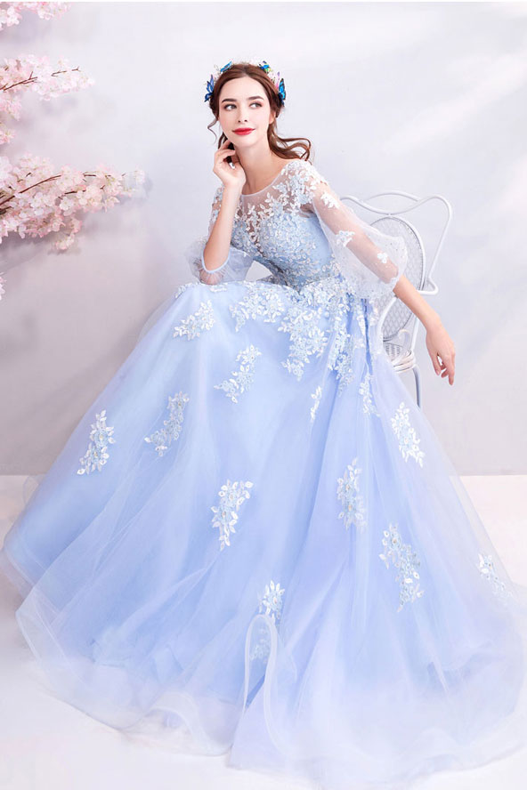 Blue Prom Dress Crew Neck Tulle Lace Long Formal Evening Dress