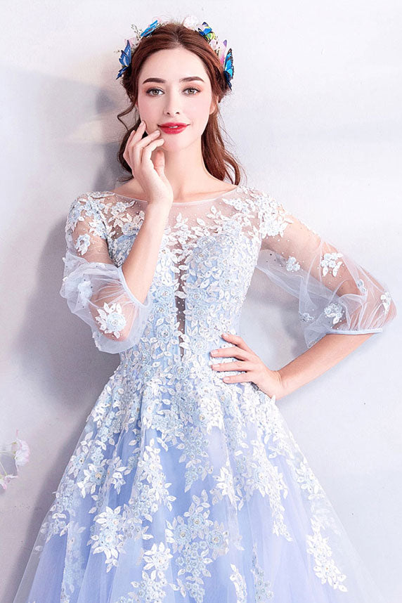 Blue Prom Dress Crew Neck Tulle Lace Long Formal Evening Dress