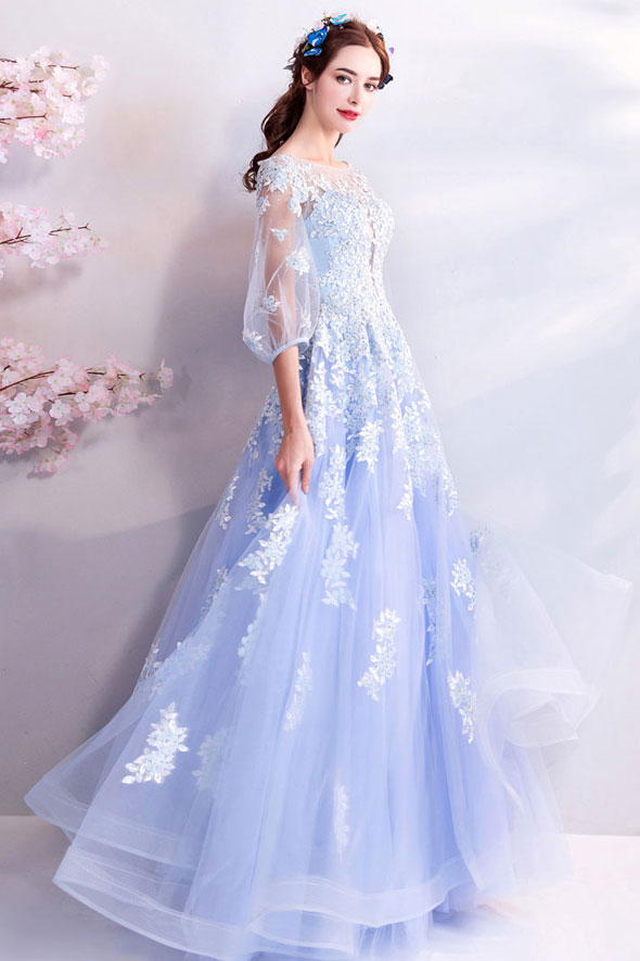 Blue Prom Dress Crew Neck Tulle Lace Long Formal Evening Dress
