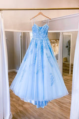 Blue Prom Dress Crew Neck Tulle Lace Long Formal Evening Dress