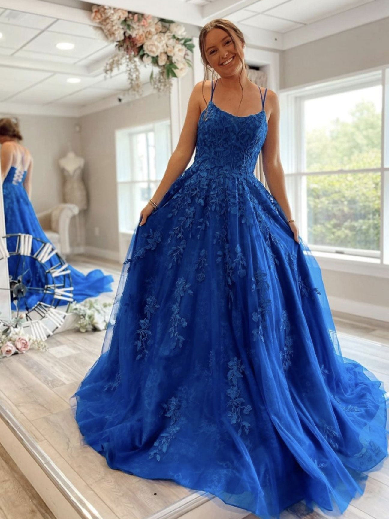 Blue Prom Dress Crew Neck Tulle Lace Long Formal Gown Evening Dress