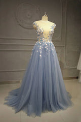 Blue Prom Dress Crew Neck Tulle Lace Long Formal Gown Evening Dress