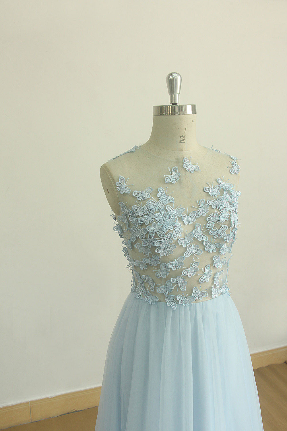 Blue Prom Dress Crew Neck Tulle Long Formal Gown Evening Dress