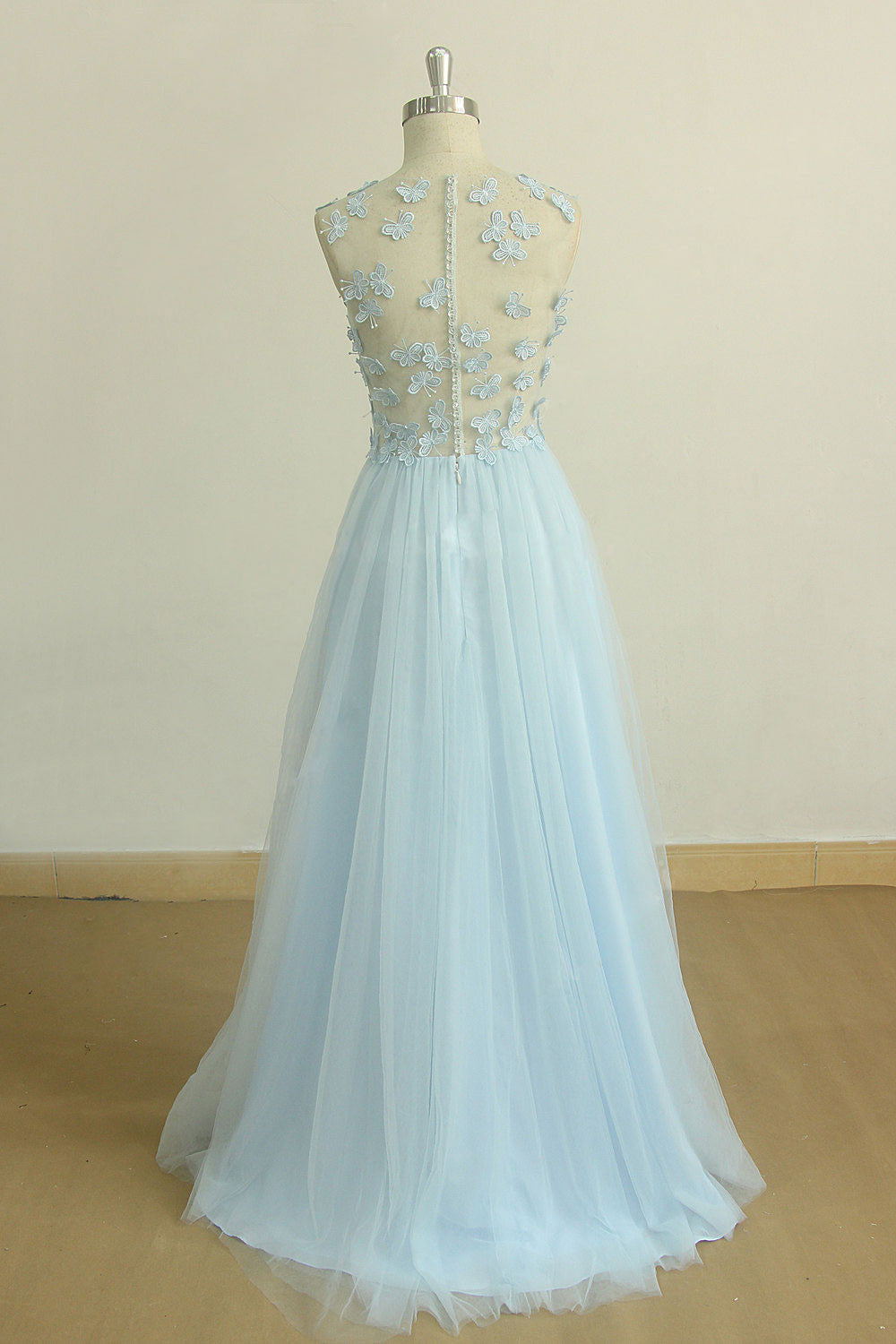 Blue Prom Dress Crew Neck Tulle Long Formal Gown Evening Dress