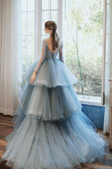 Blue Prom Dress Crew Neck Tulle Sequin Long Prom Gown Formal Evening Dress