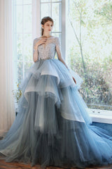 Blue Prom Dress Crew Neck Tulle Sequin Long Prom Gown Formal Evening Dress