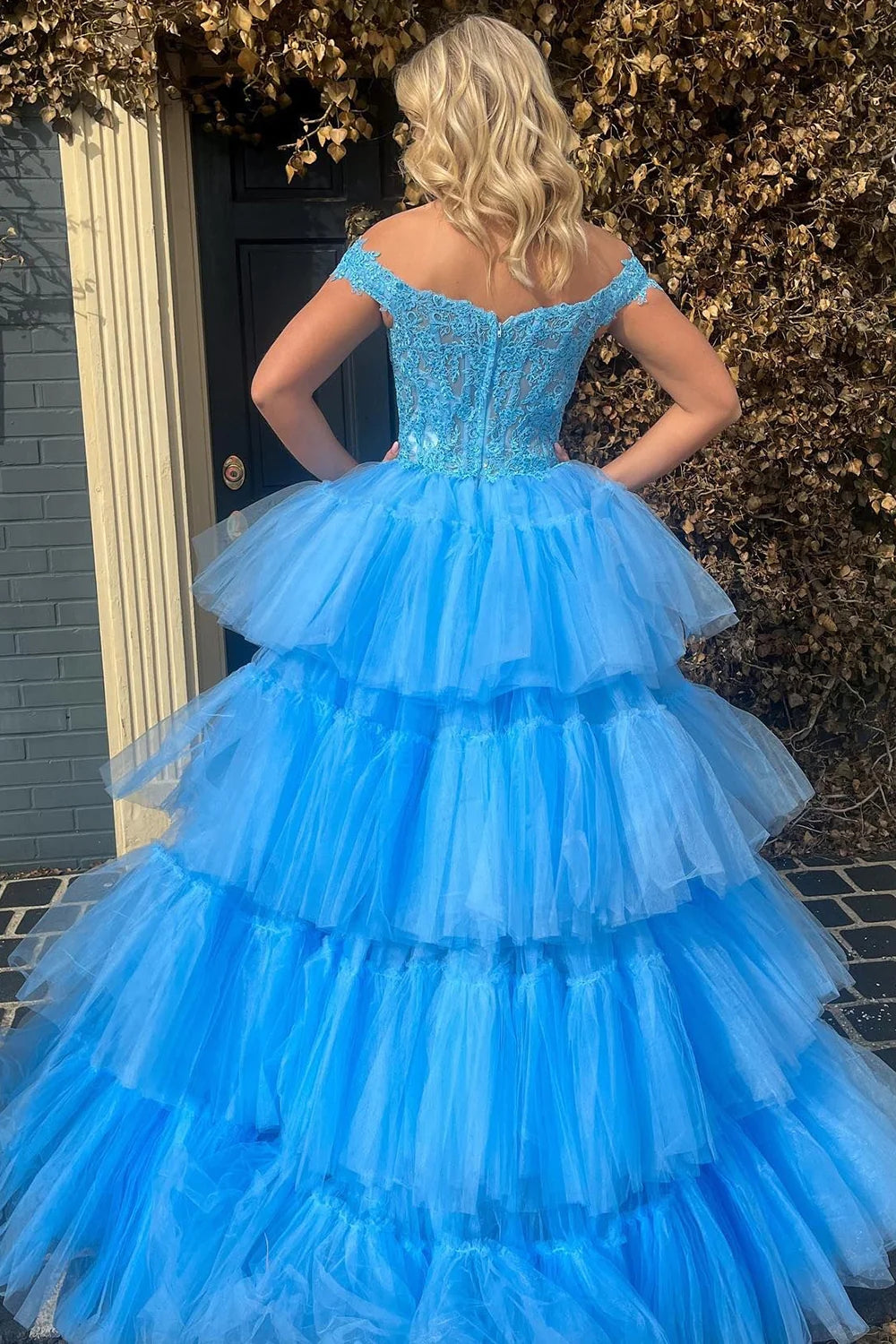 Blue Prom Dress High Low Beaded Tulle Corset Tiered Evening Dress