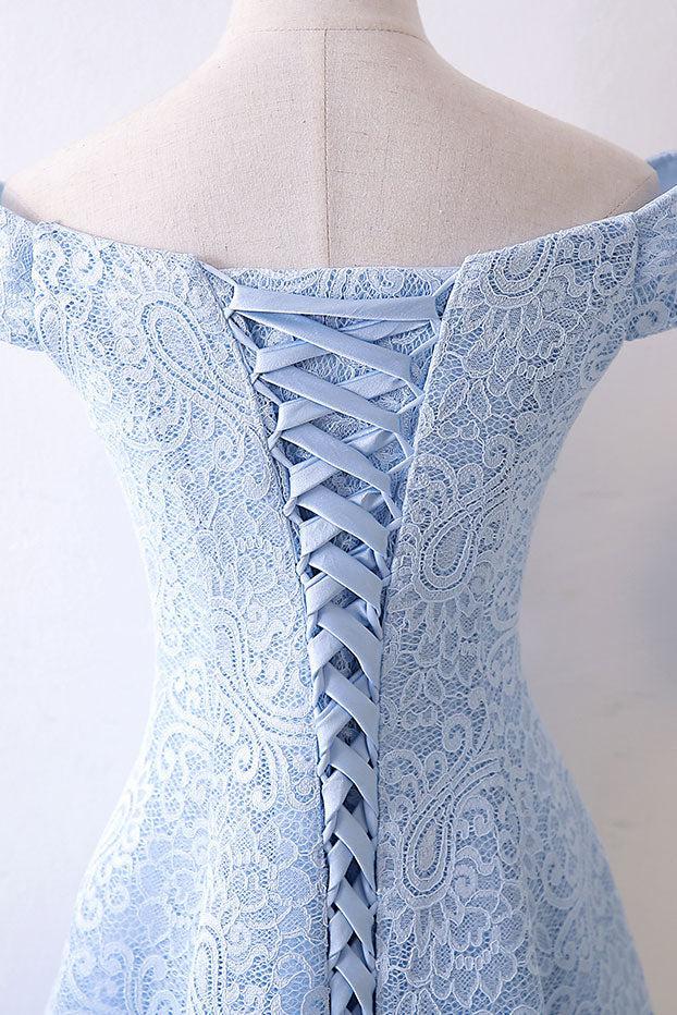 Blue Prom Dress Lace Tea Length Formal Gown Evening Dress