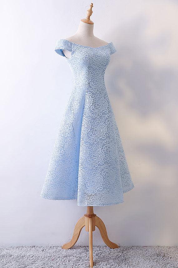 Blue Prom Dress Lace Tea Length Formal Gown Evening Dress