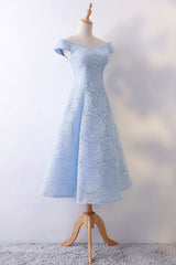 Blue Prom Dress Lace Tea Length Formal Gown Evening Dress