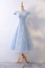 Blue Prom Dress Lace Tea Length Formal Gown Evening Dress