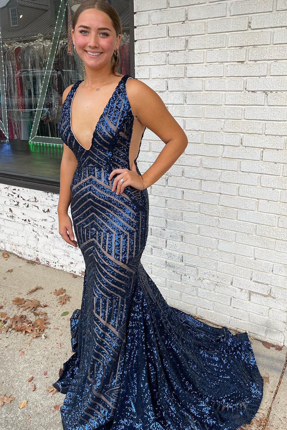 Blue Prom Dress Mermaid Deep V Neck Long Evening Dress with Sequined