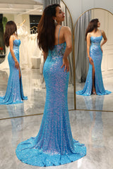 Blue Prom Dress Mermaid Long Evening Dress With Slit