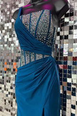 Blue Prom Dress Mermaid One Shoulder Long with Delicate Beaded Evening Dress