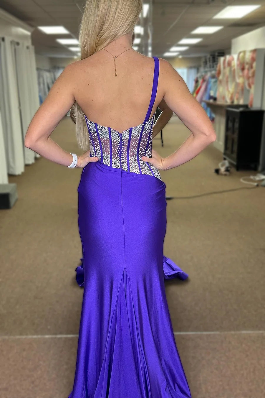 Blue Prom Dress Mermaid One Shoulder Long with Delicate Beaded Evening Dress