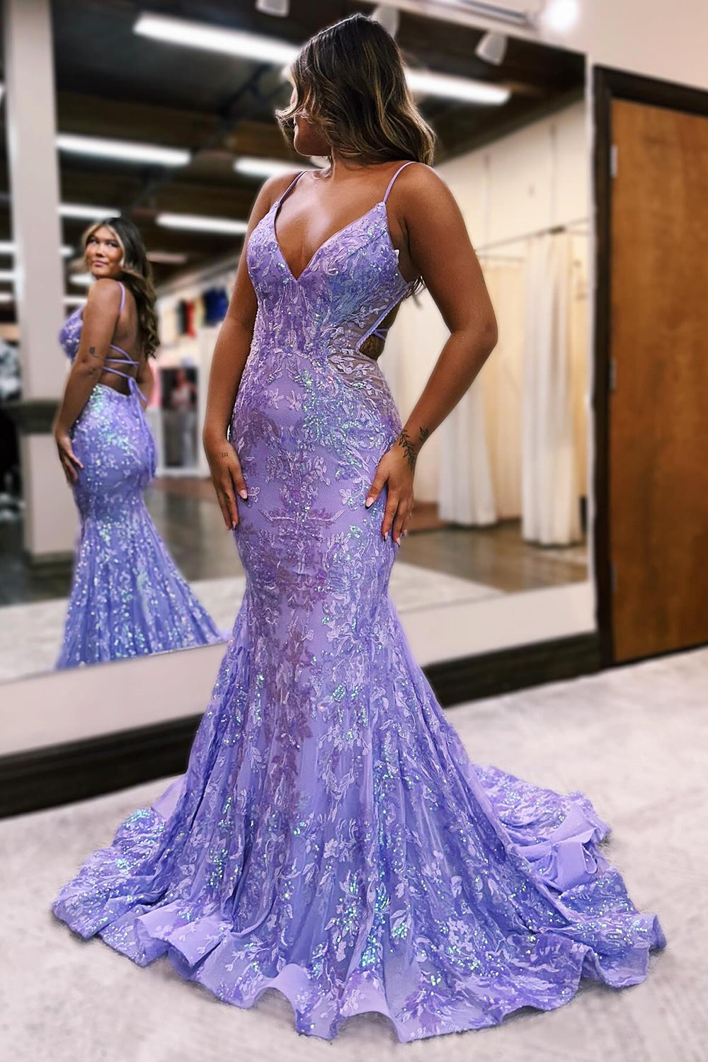 Blue Prom Dress Mermaid Sequined Long Backless Evening Dress