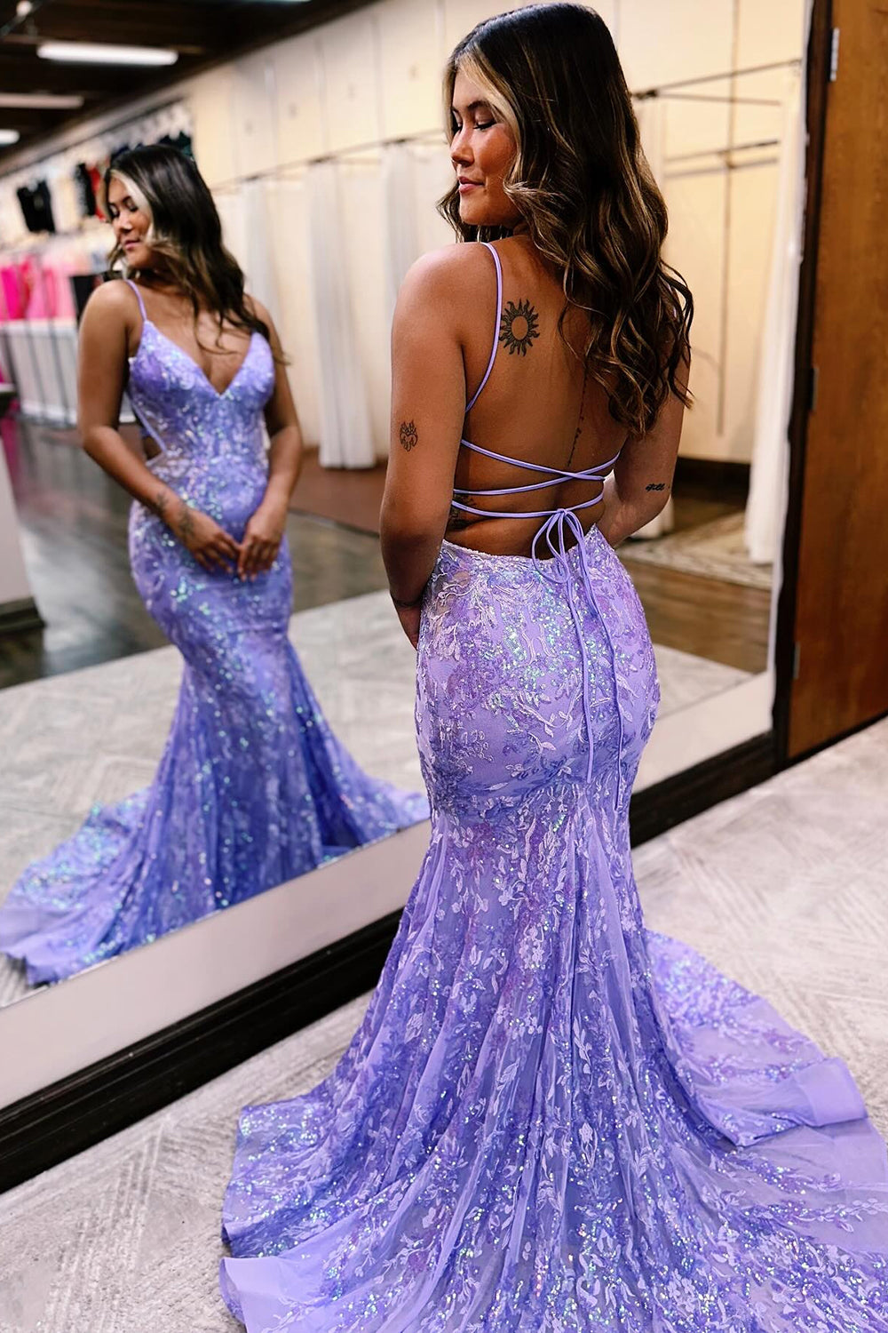 Blue Prom Dress Mermaid Sequined Long Backless Evening Dress