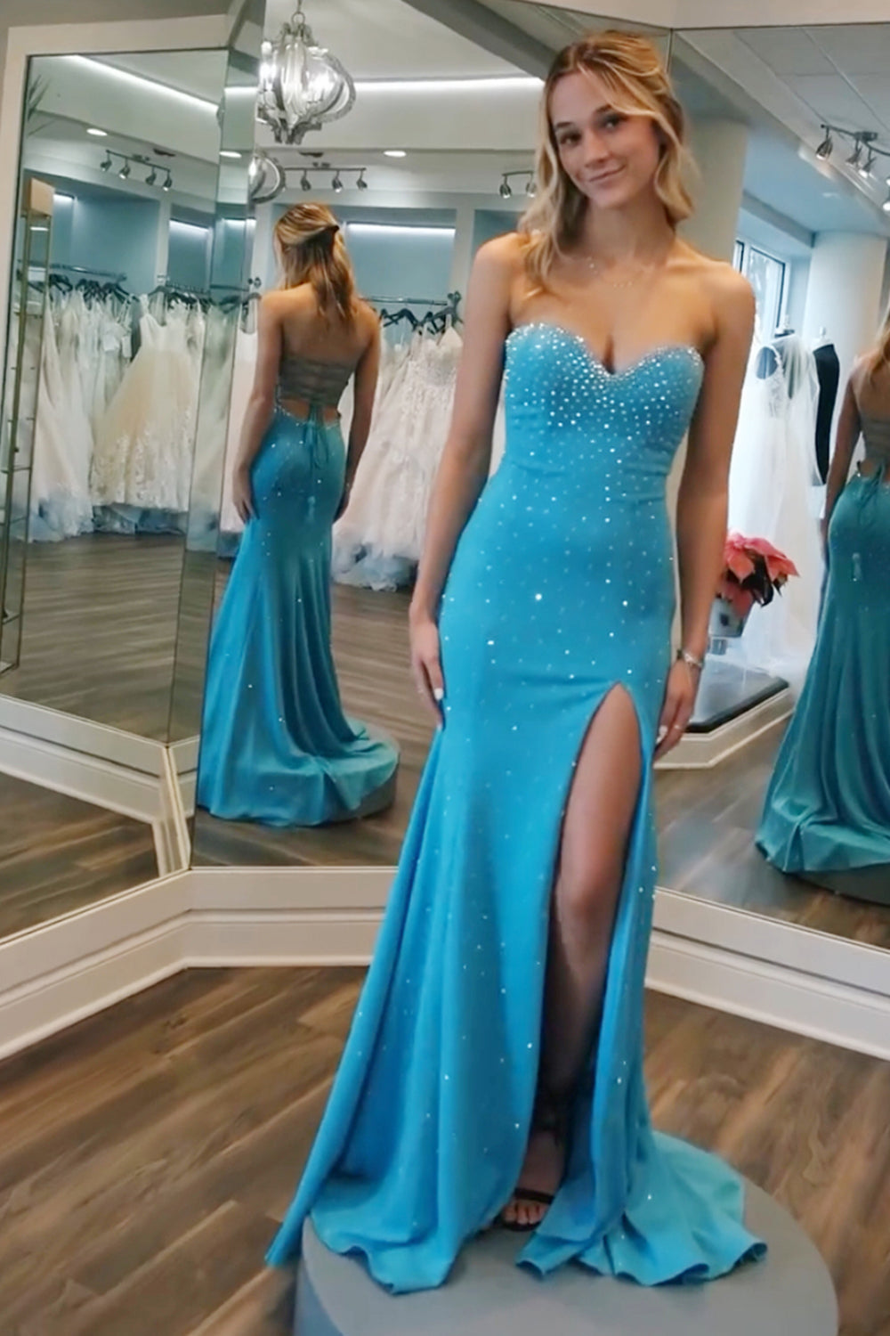 Blue Prom Dress Mermaid Sweetheart Beaded Long Evening Dress with Slit