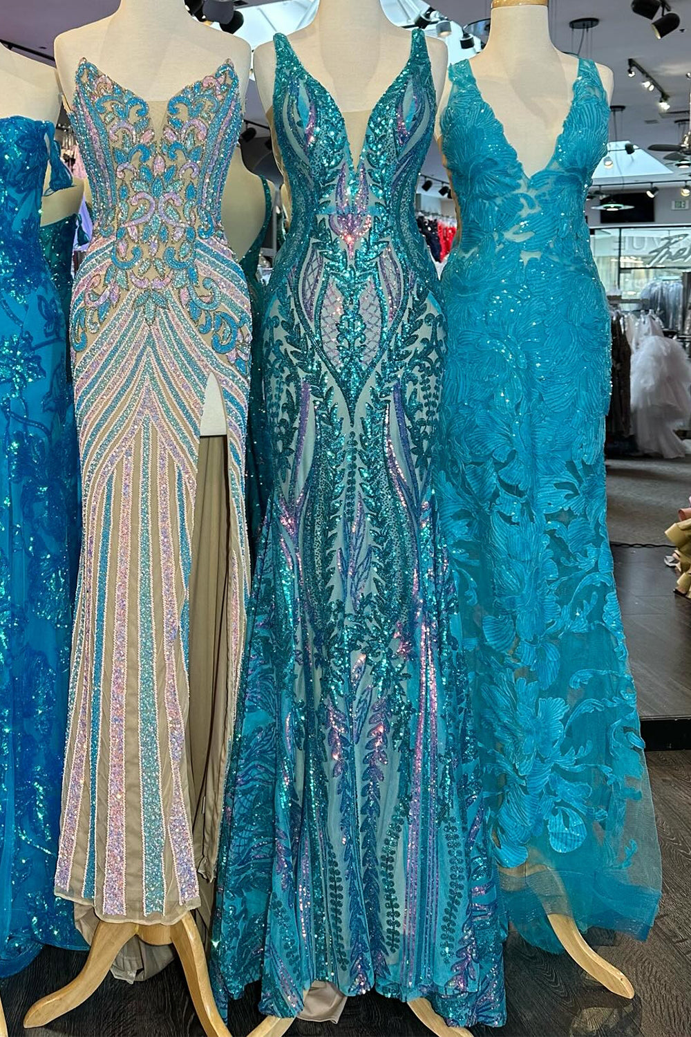 Blue Prom Dress Metallic Long Backless Sequined Prom Dres with Slit