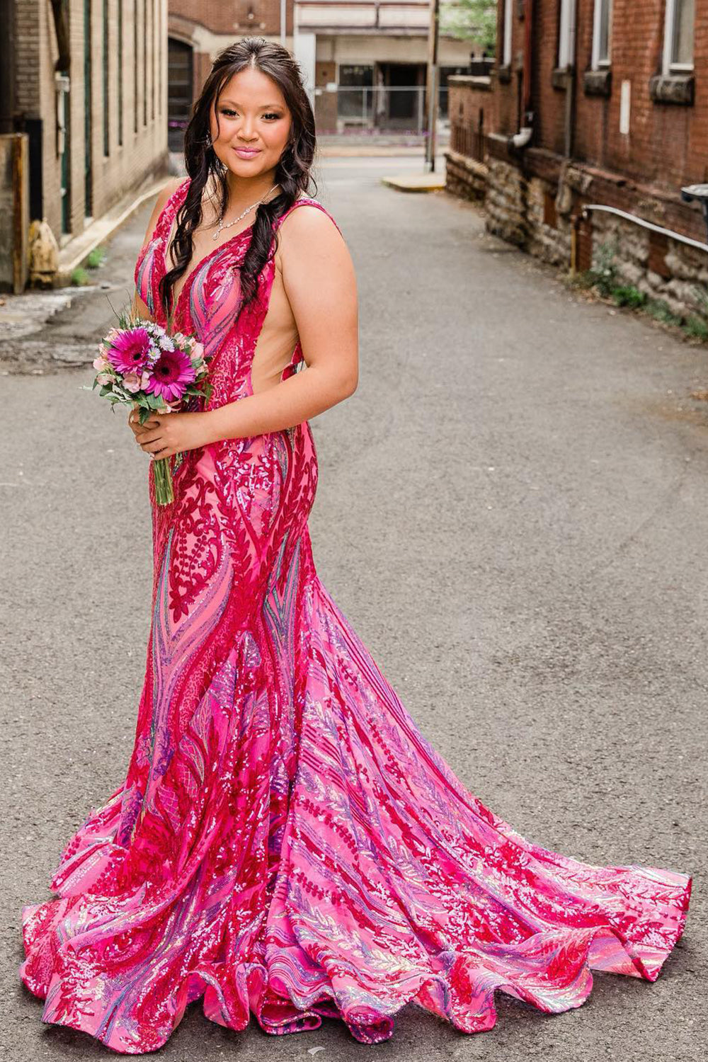 Blue Prom Dress Metallic Long Backless Sequined Prom Dres with Slit