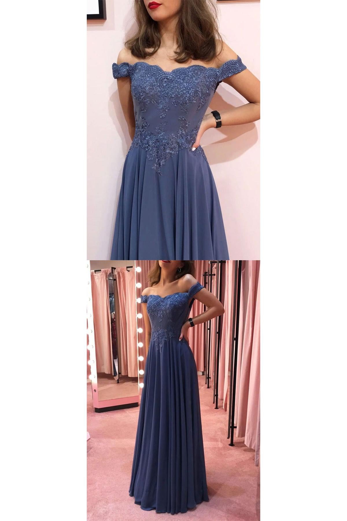 Blue Prom Dress Off the Shoulder Chiffon Lace Long Formal Evening Dress
