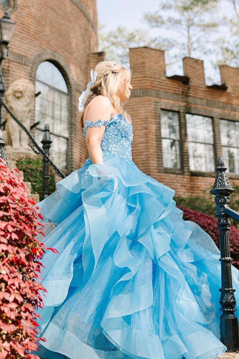 Blue Prom Dress Off the Shoulder Ruffle Tiered Tulle Long Evening Dress with Appliques