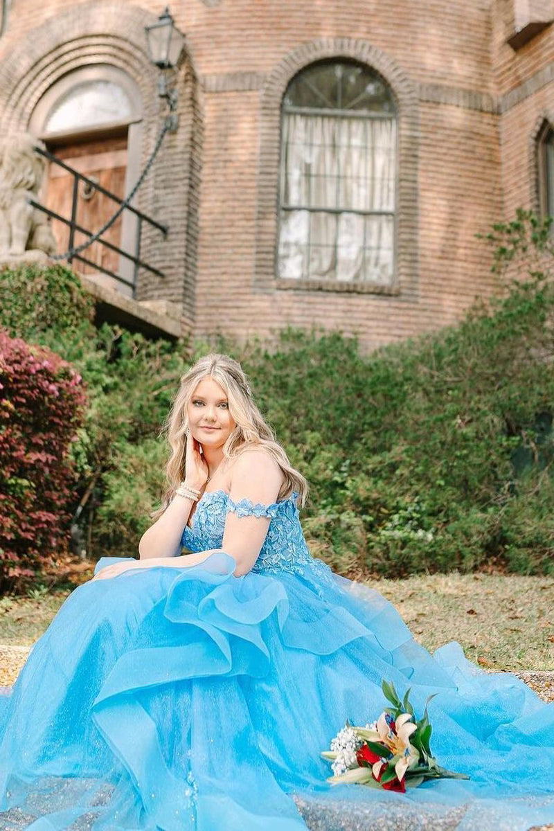 Blue Prom Dress Off the Shoulder Ruffle Tiered Tulle Long Evening Dress with Appliques