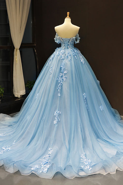 Blue Prom Dress Off the Shoulder Tulle Lace Long Evening Dress