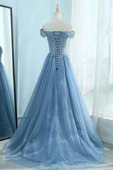 Blue Prom Dress Off the Shoulder Tulle Lace Long Evening Dress