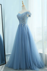 Blue Prom Dress Off the Shoulder Tulle Lace Long Evening Dress