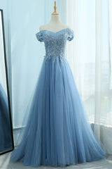 Blue Prom Dress Off the Shoulder Tulle Lace Long Evening Dress
